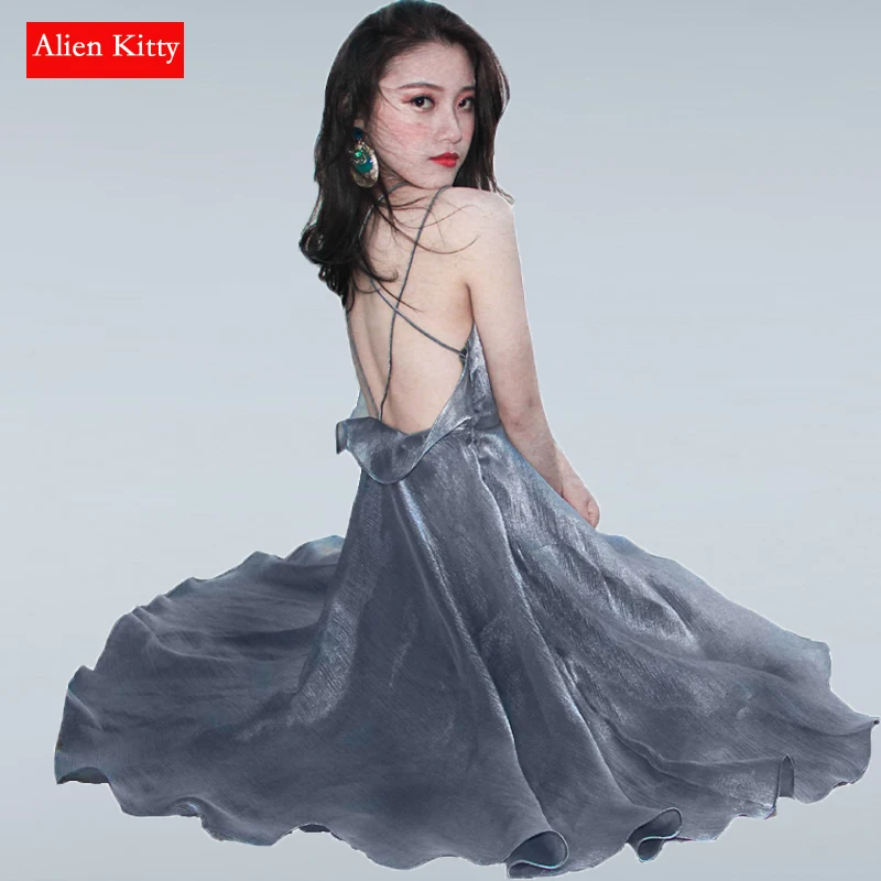 Женское платье с открытой спиной Alien Kitty серебристое/серое пляжное без рукавов|dress