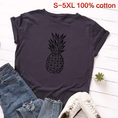 navy blue SINGRAIN летняя S-5XL размера плюс футболка с принтом ананаса Женские топы с рисунком фруктов хлопок короткий рукав свободная футболка - Цвет: navy blue