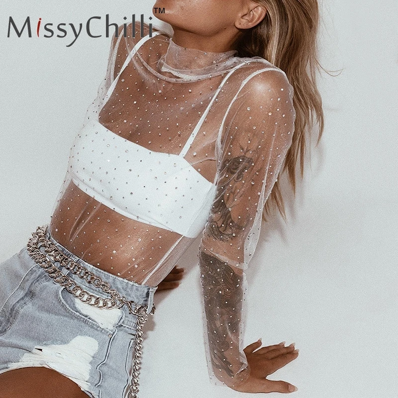 Glamaker пикантные сетчатые белая блузка рубашка для женщин блесток основной