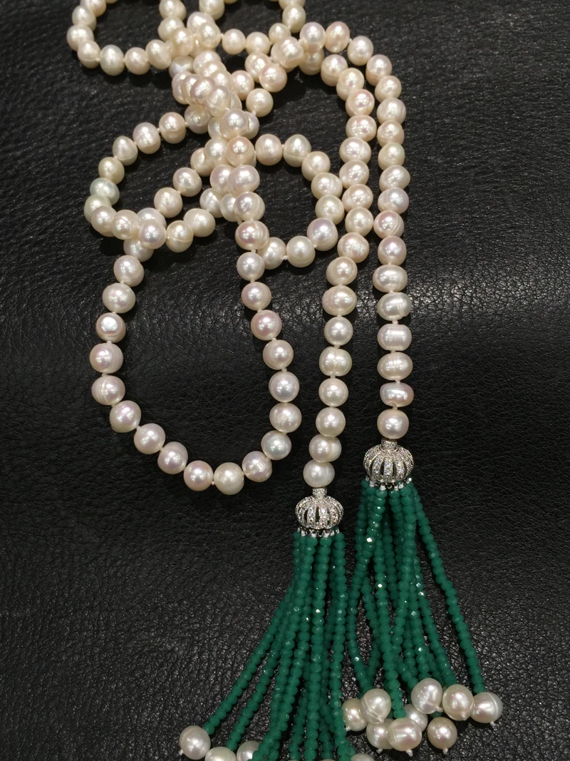 Long freshwater pearl necklace with green tassel fashion women jewelry 110CM accept order any lenth free shipping