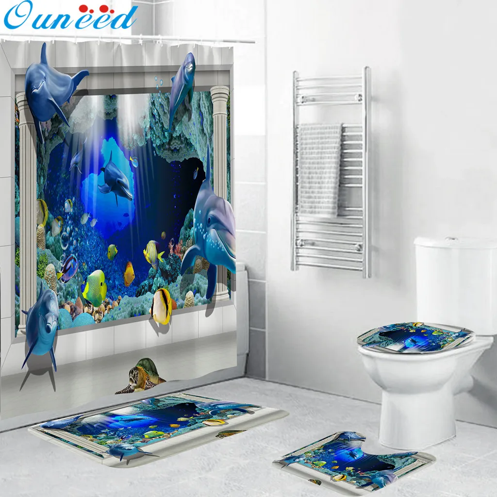Ouneed Blue ocean world душевые занавески набор 4 шт. @ нескользящий симпатичный Дельфин