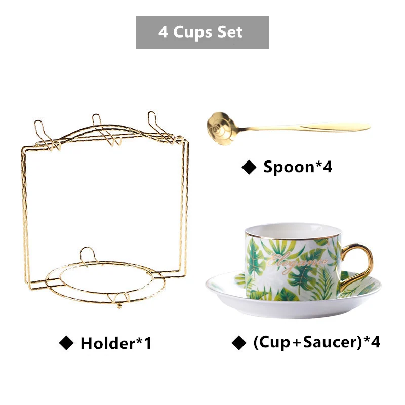 4Cups n Holder Нордическая монстера керамическая кофейная чашка блюдце Золотая ложка набор 150 мл зеленый лист фарфоровая чайная чашка элегантный тропический завод чайная чашка - Цвет: 4Cups n Holder