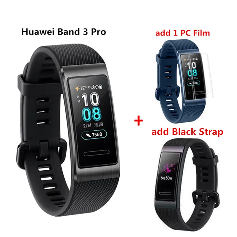 black add black Смарт-браслет huawei Band 3 Pro с gps, металлический Amoled, Полноцветный Сенсорный экран 0,95 дюйма, датчик сердечного ритма, браслет для плавания и сна - Цвет: black add black