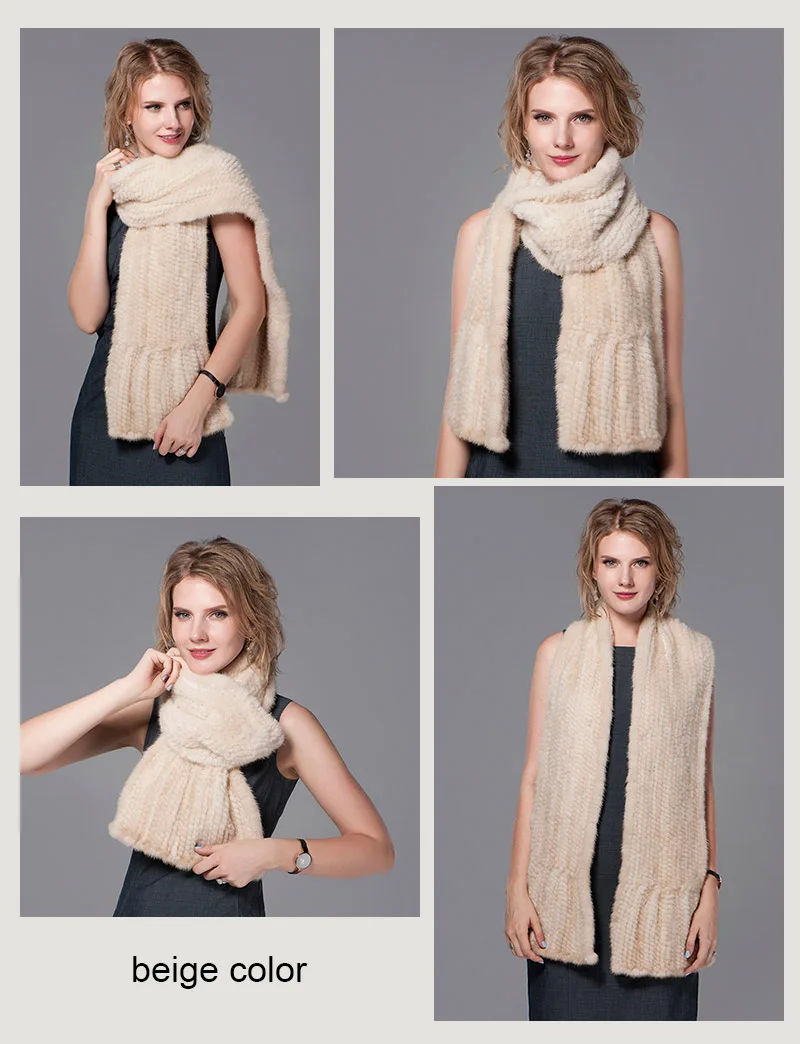 Ms.MinShu Natural Mink Fur Scarf Hand Knitted Long Mink Fur Scarf Woman Winter Scarf Wrap Genuine Mink Fur Shawl Female
