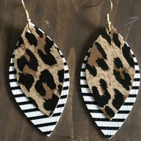 stock teardrop leopard double layer glitter faux leather earrings black white striped layered water drop leaf earrings