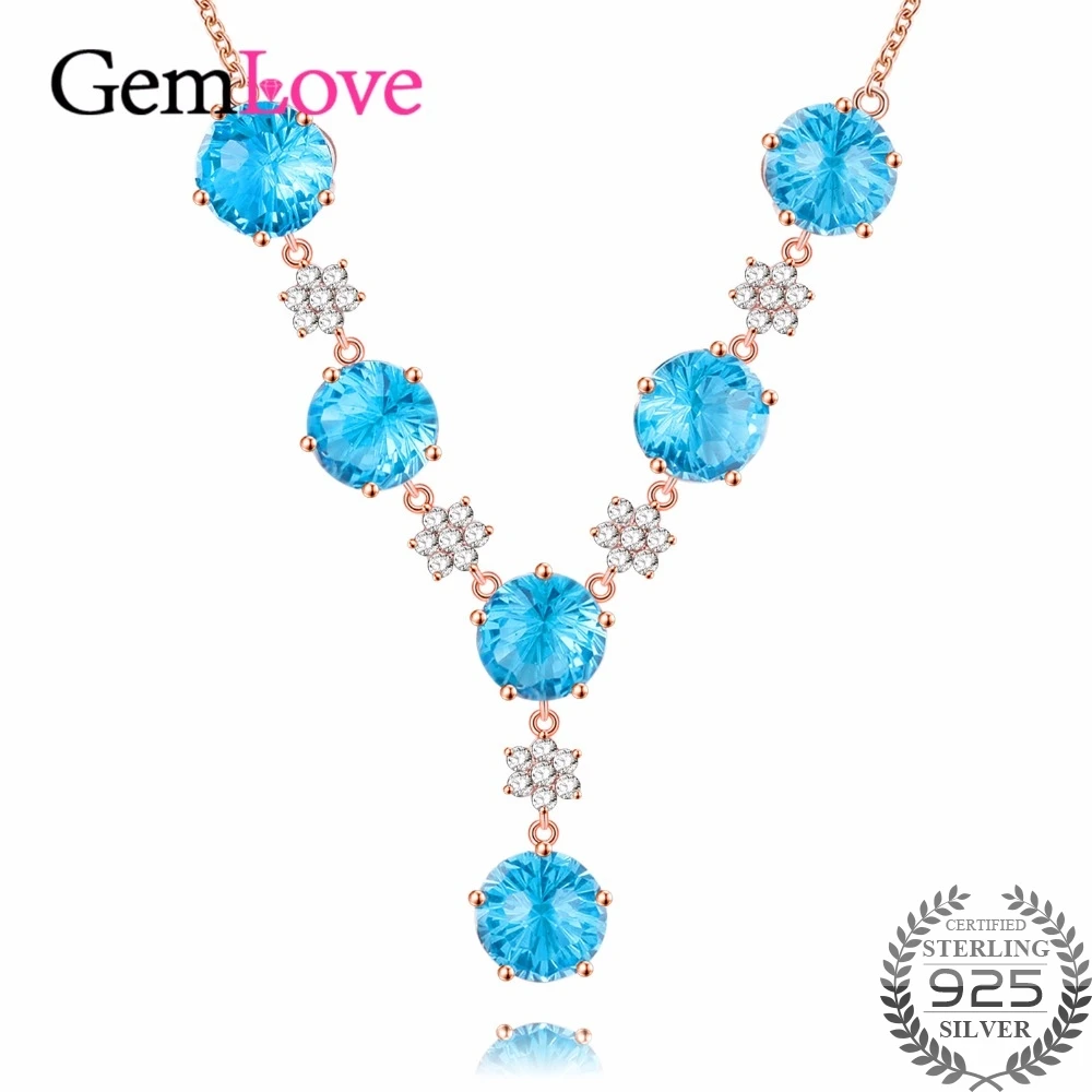Gemlove синий корунд 925 стерлингов Серебряные ожерелья и Подвески розового золота