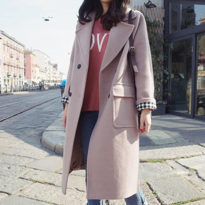 Preppy Style Long Wool Coat Loose Turn-down Collar Wool Blend Coat and Jacket Double Breasted Women Coats Autumn Winter