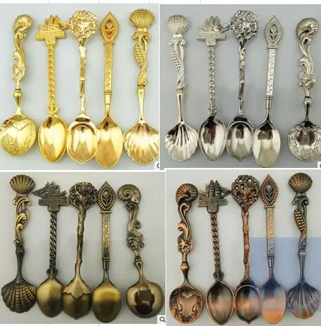 

New Arrival 5pcs/set Vintage Royal Style Bronze Carved Small Coffee Tools Tableware Cutlery Kitchen Dining Bar Tools