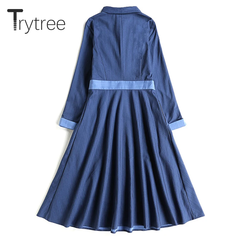 Trytree/весенне летнее платье повседневное ТРАПЕЦИЕВИДНОЕ женское синее однотонное