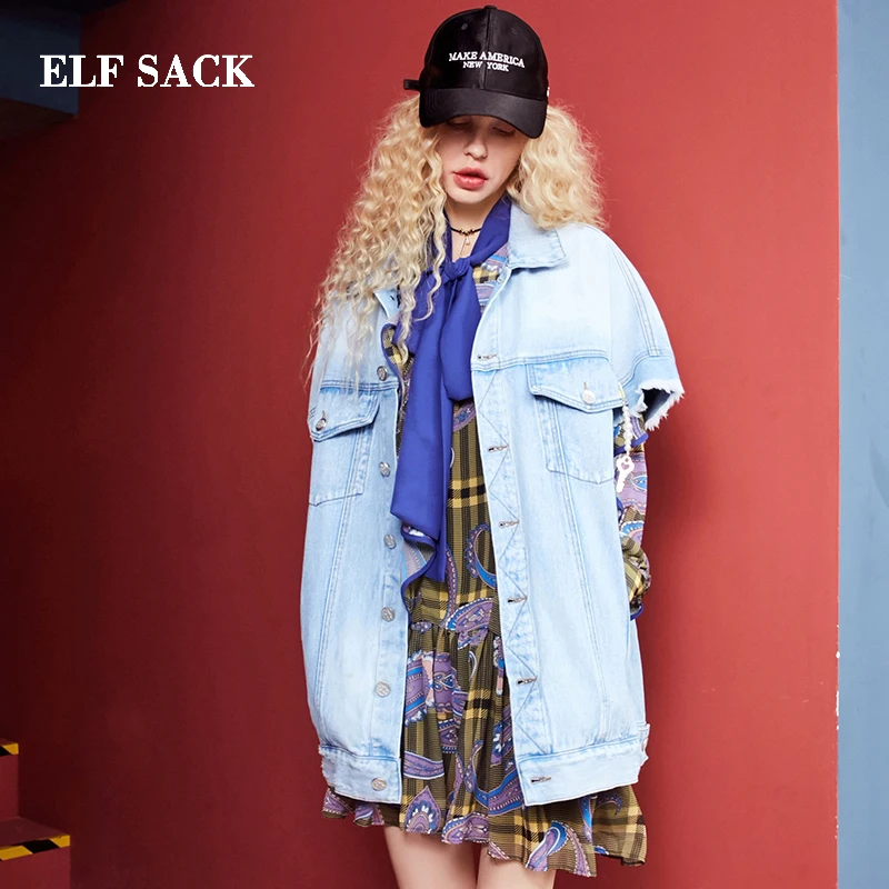 ELFSACK/осеннее Новое Женское пальто из хлопка Повседневная однотонная джинсовая