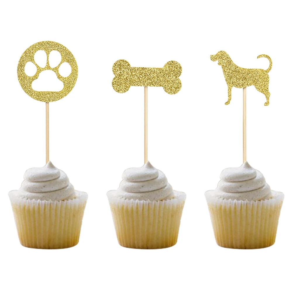 

12pcs Shining Dog Cake Topper Bone Footprint Decor Insert Card Decorating Cupcake Toppers Kids Birthday Party Favors Gathering