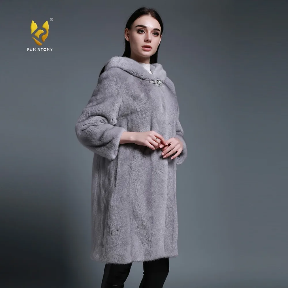 Женское пальто с капюшоном Fur Story FS161210 зимняя куртка из натурального меха норки |