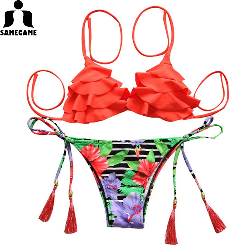Бикини женский купальник Новинка лета 2019 Цветочный с кисточками купальный