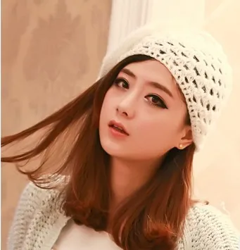 2014 зимние женские шапки Белые Повседневные мохеровая Цветочная шапка шерстяная