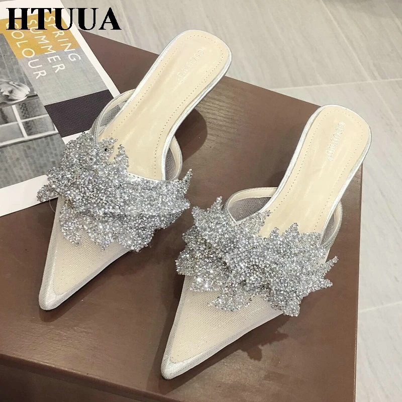Женские босоножки без задника HTUUA с острым носком и блестками элегантные