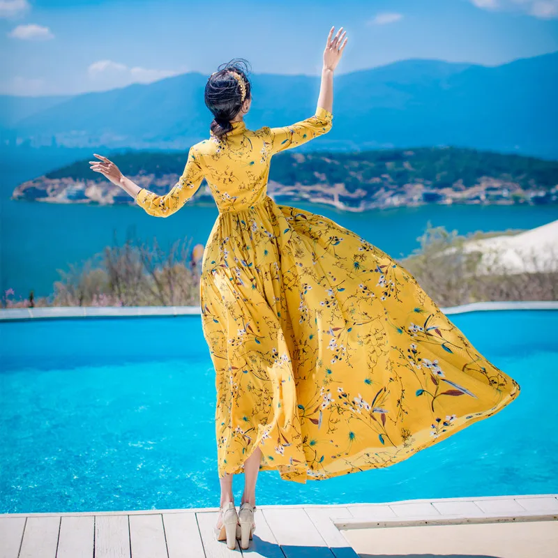 2019 женское шифоновое винтажное длинное платье с завышенной талией цветочным