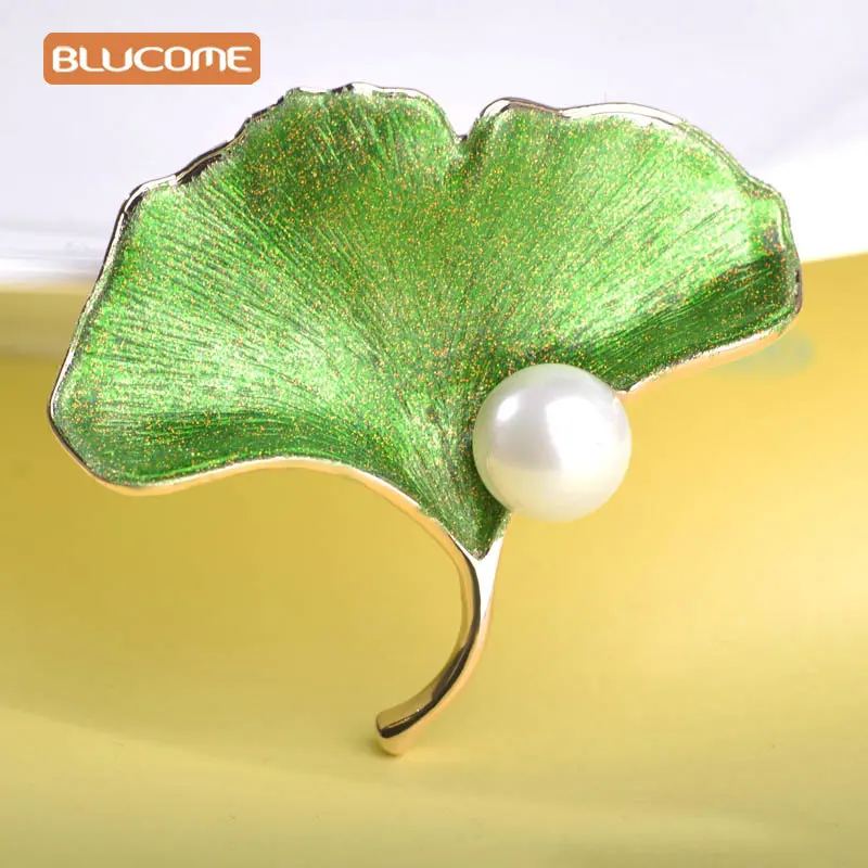Green Blucome желтый гинкго билоба Броши со стилизованными листьями блестящая эмалированная брошь из искусственного жемчуга булавка завод бижутерия для женщин костюм для девочек - Окраска металла: Green