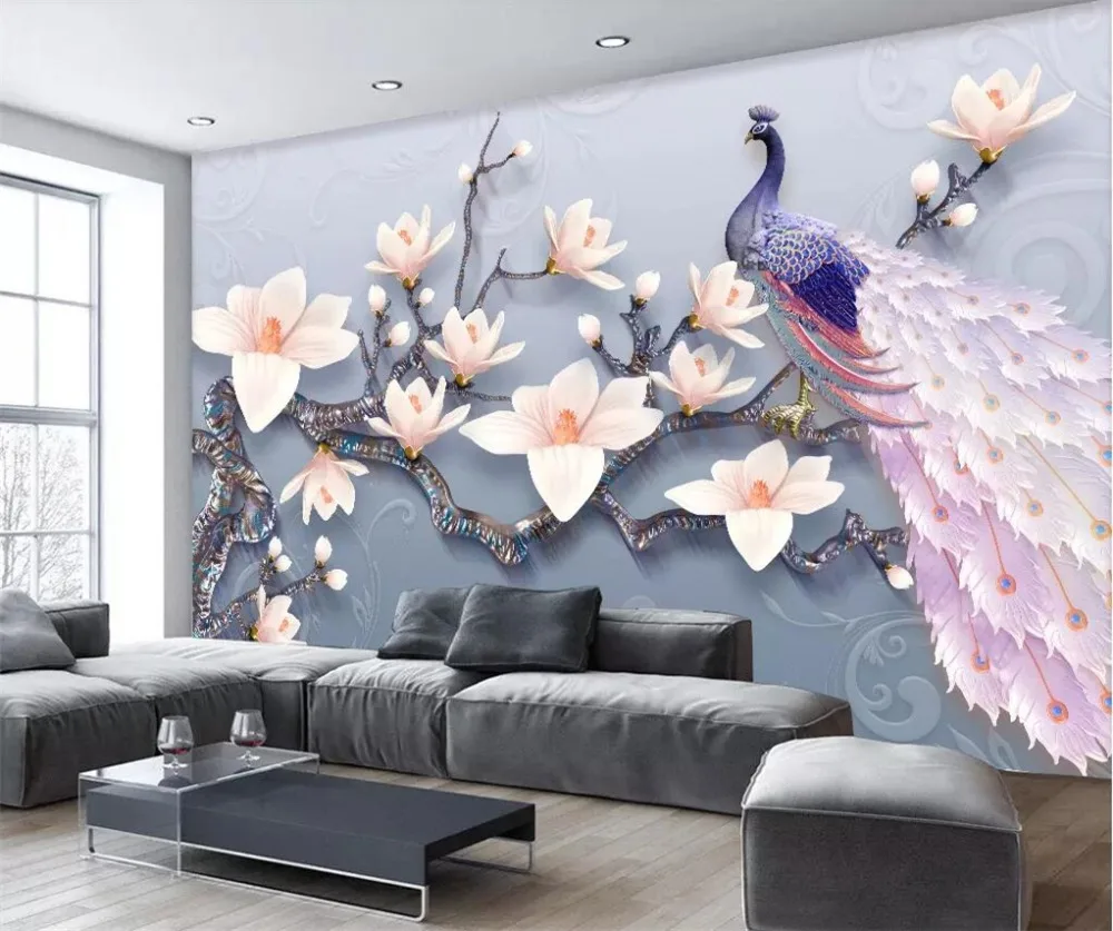 

beibehang new papel de parede Custom wallpaper 3d home and rich embossed peacock magnolia living room TV background wall paper