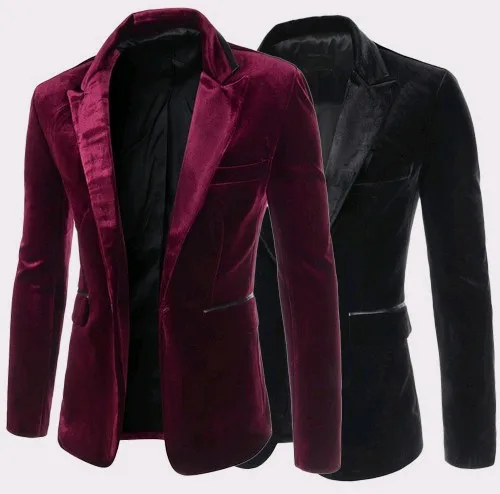 Мужской бархатный блейзер повседневный приталенный пиджак цвета красного вина