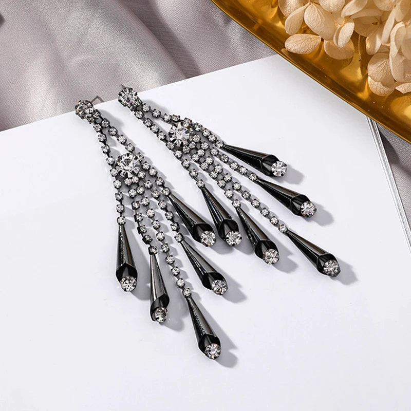 JZTOP Винтажные серьги подвески из черной металлической цепи со стразами и