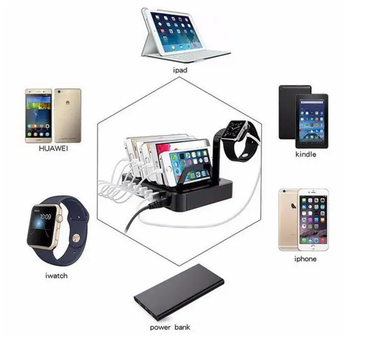 6 портов usb зарядная док-станция Концентратор Зарядное устройство Органайзер черный несколько мобильных планшетов зарядная подставка для iphone 5 6 7 iwatch