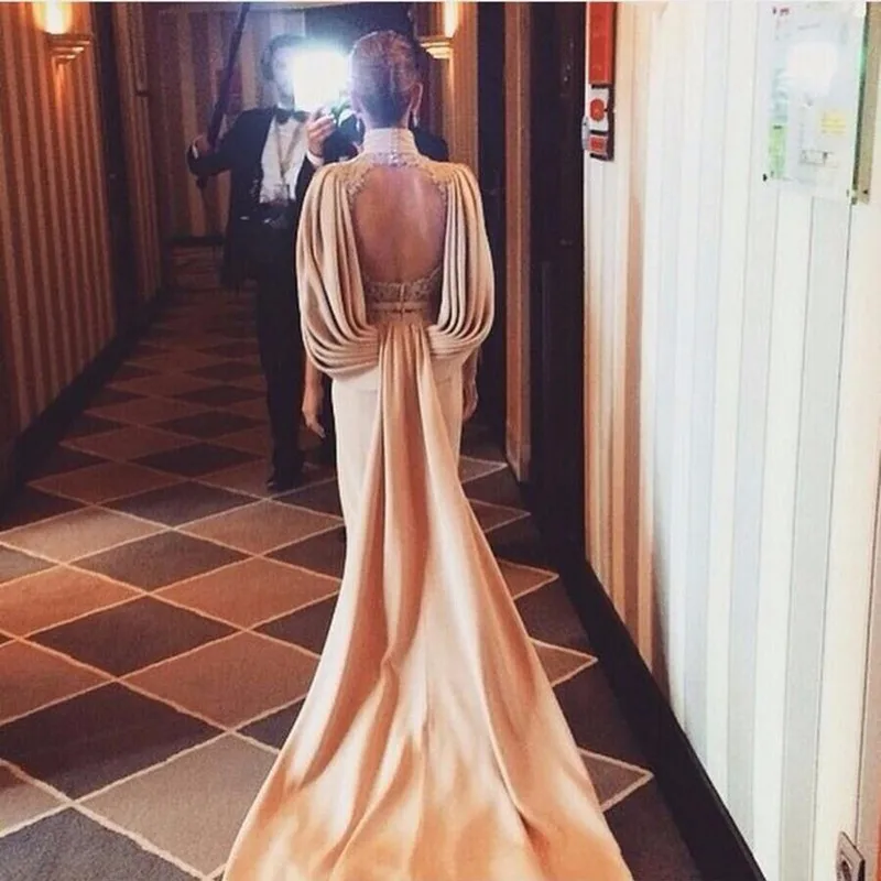 

Backless Formal Celebrity Dresses Mermaid High Collar Satin Lace Slit Sexy Long Evening Dresses Famous Red Carpet Dresses