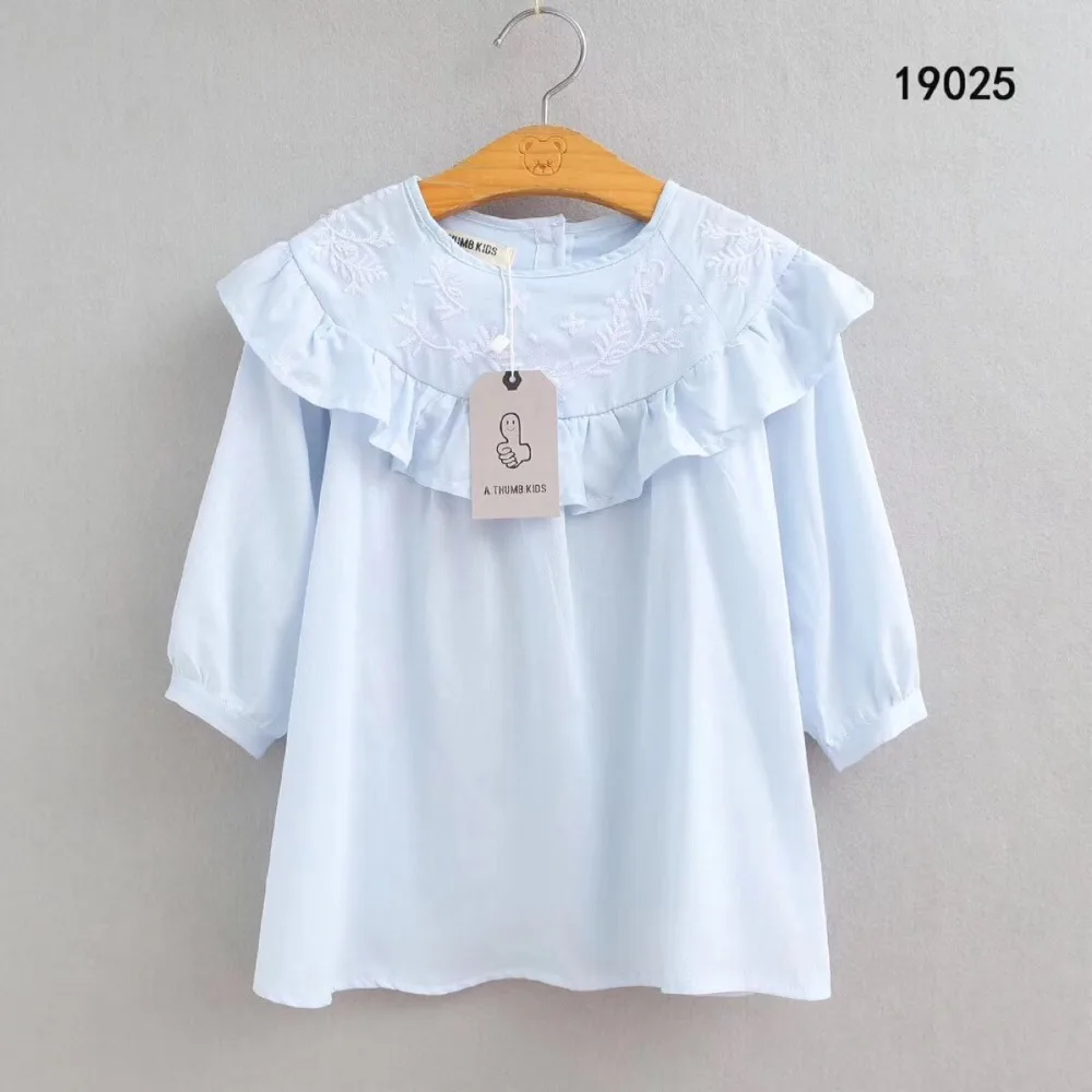 Cute Baby Kids Ruffles Neckline Leaves Embroidered Cotton Dress Summer Holiday Red Blue White Color Girls Blouse | Детская одежда и