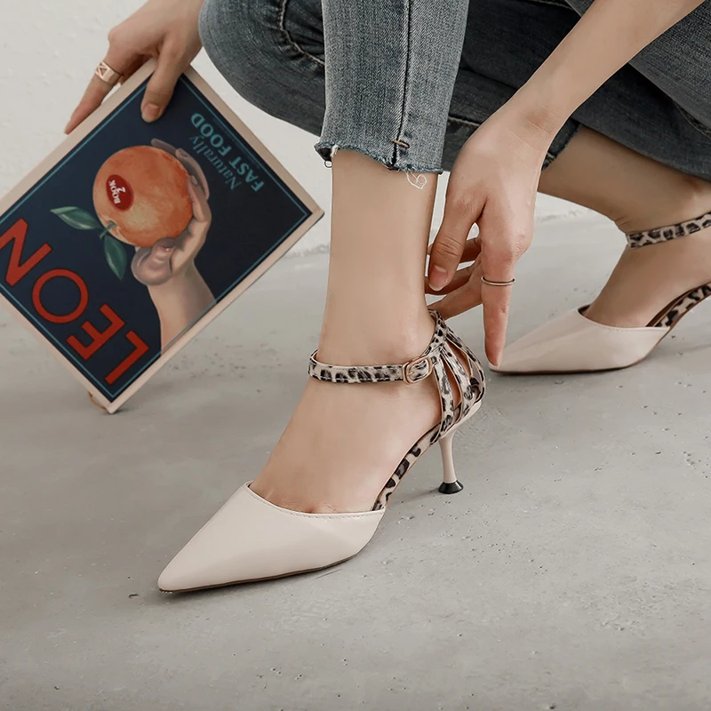 

Summer Sandals Women Shoes Woman Hollow Buckle Strap Leopard Plus Size Ladies Pumps Thin High Heels Pointed Toe Casual Shoes
