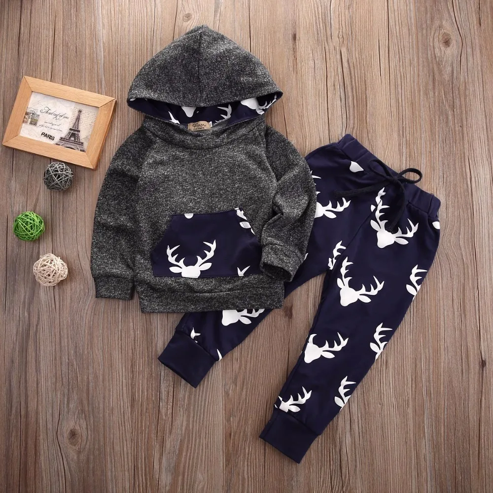Oklady Toddler Infant Baby Boys Deer Long Sleeve Hoodie Tops Sweatsuit Pants Outfit Set |