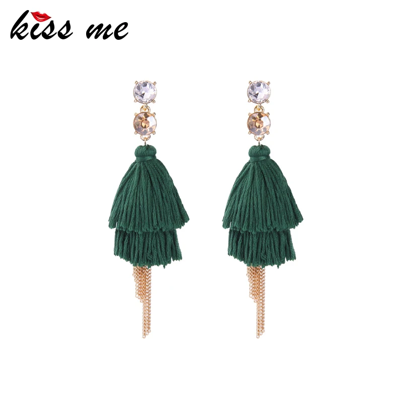 Женские длинные серьги кисточки KISS ME зеленые и черные хлопковые подвески из нити