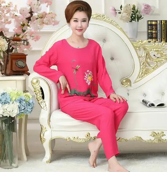 XL-4XL Plus size winter pajamas long sleeve o-neck ladies cotton linen nightwear casual print pijama suit pyjamas women 8 colors | Женская