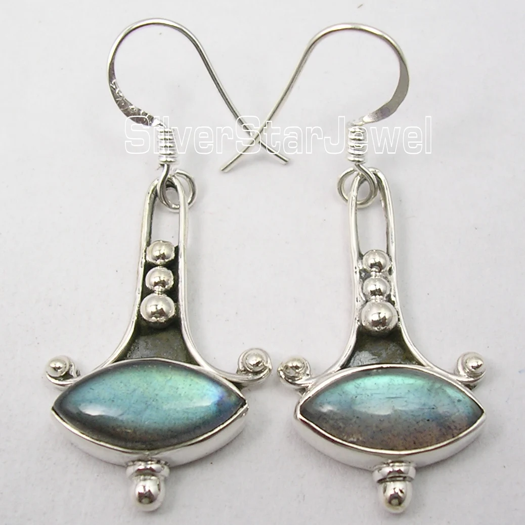 Серебряный Лабрадорит окисленного Племенной Серьги 4.4 см | Украшения и