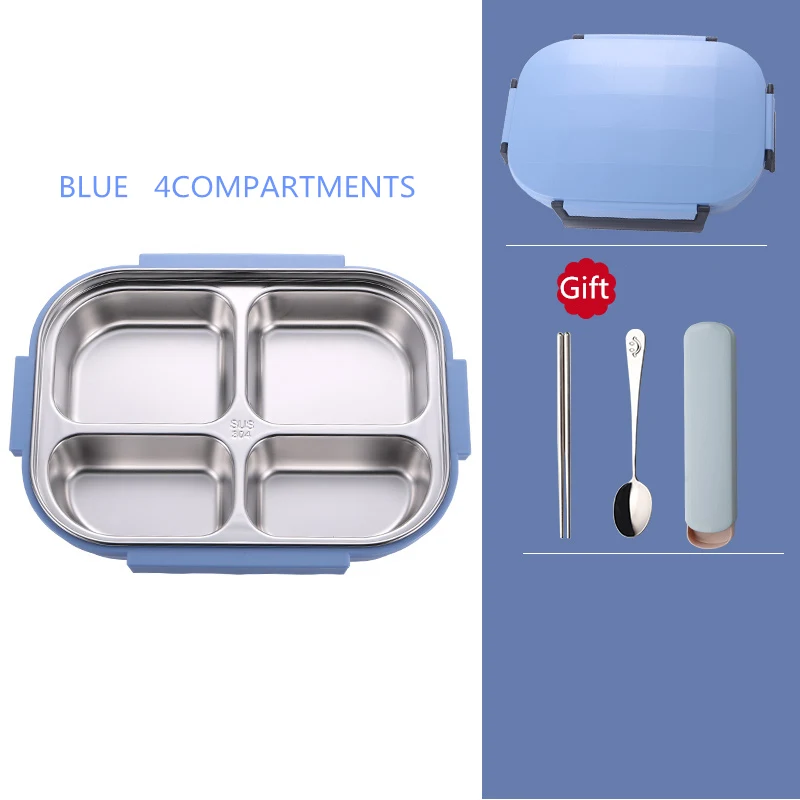 Blue 4compartment ONEUP коробка для обедов из нержавеющей стали Экологичная Bento коробка с мешками и столовыми приборами термоконтейнер для хранения продуктов для взрослых студентов - Цвет: Blue 4compartment