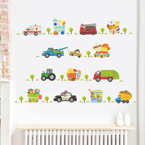 Мультяшные автомобили, транспортные автомобили, грузовики, наклейки на стену для детской комнаты, домашний декор, ПВХ наклейки на стену, роспись, подарки для мальчиков