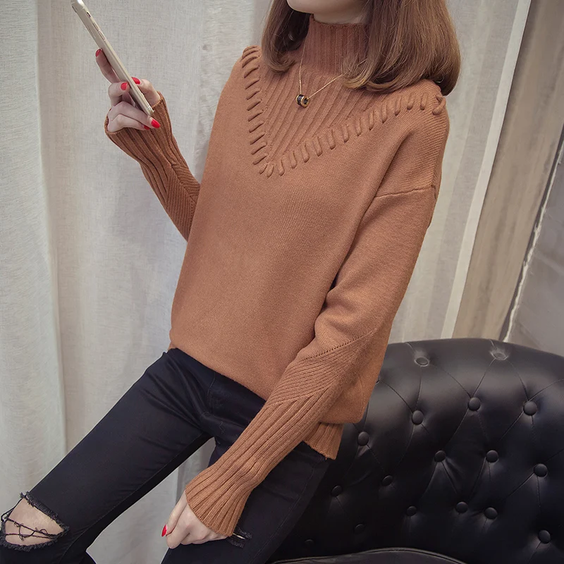 2019 Sweater Women's Knit Jacket Autumn Winter Thick warm Long sleeve Half high collar Standard Pullover | Женская одежда