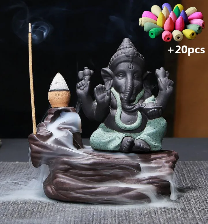 Green B -Mixed NOOLIM Ganesha горелка для благовоний с обратным потоком слон Бог эмблема благоприятный и успех керамическая конусная кадильница домашний декор с 20 шт. конусами - Цвет: Green B -Mixed