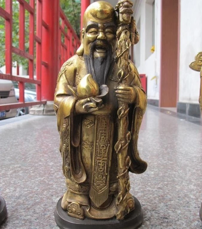 13.5 &quotКитай Буддизм Бронзовый Gild Лаки Фу Лу Шоу&quot Долголетие Бог статуя будды