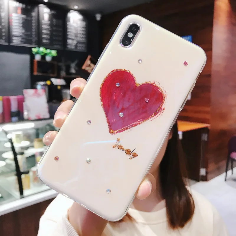Lovely heart Rhinestone Cases For iPhone XS MAX XR 6 6s 7 8 Plus X Case Transparent Frame TPU Cover Phone Funda Coque Girl |