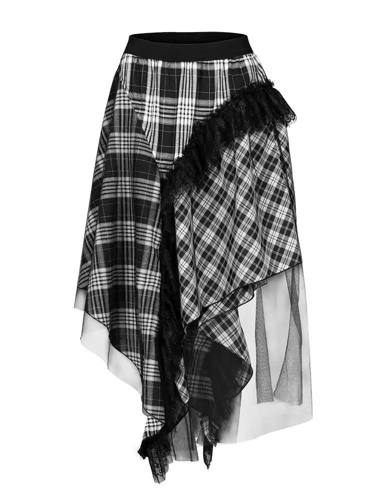 PUNK RAVE Women's GothIC Irregular Plaid Skirts with Mesh Steampunk Retro Party Skirt Gothic Daily Girls Casual Skirts