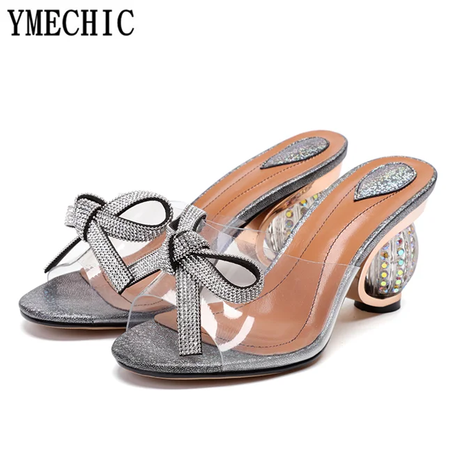 Женские вечерние шлепанцы YMECHIC розовые прозрачные на высоком каблуке с открытым