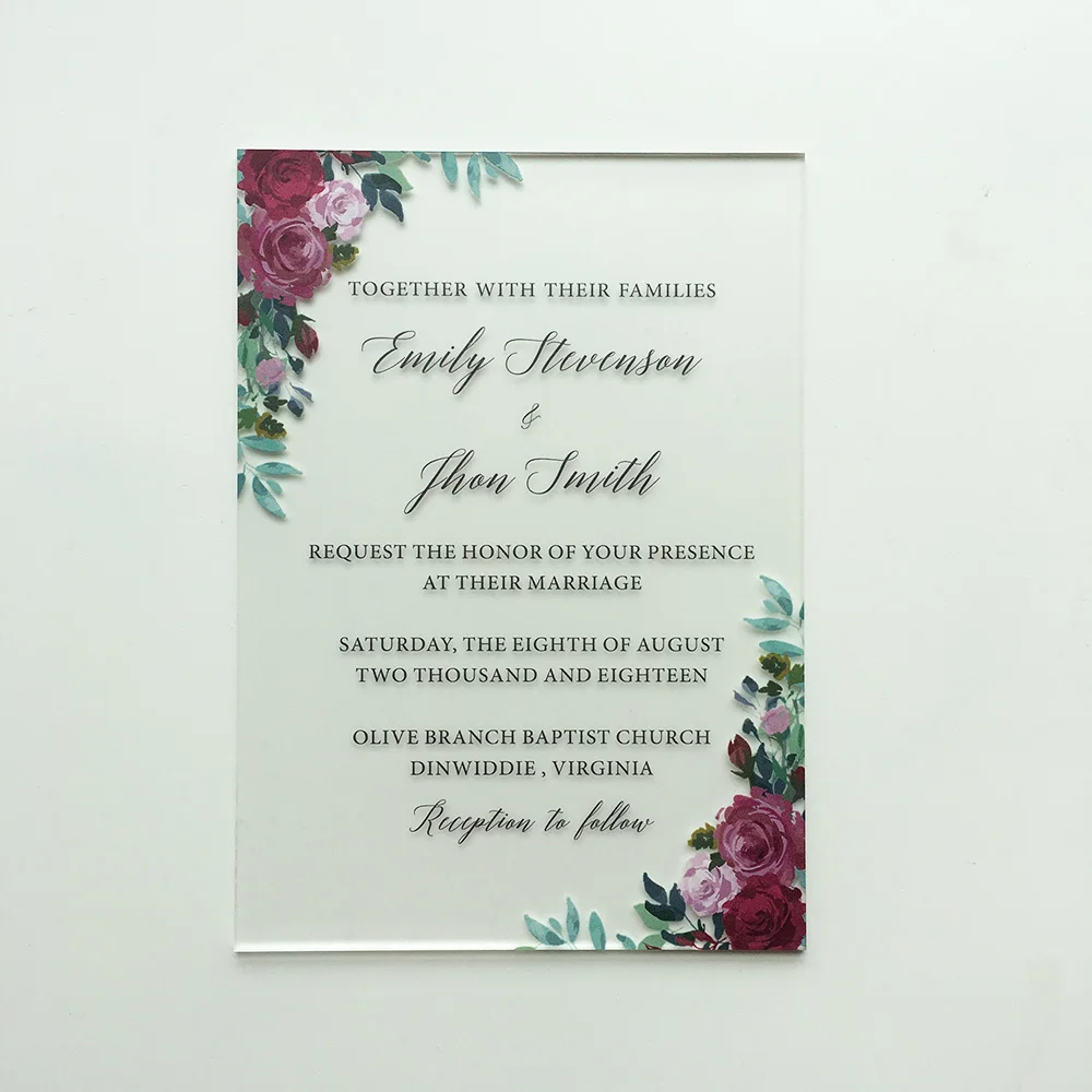 

Beautiful Burgundy Floral Watercolor Style 5x7inch Frosted Acrylic Wedding Invitation Card 100 Pieces Per Lot