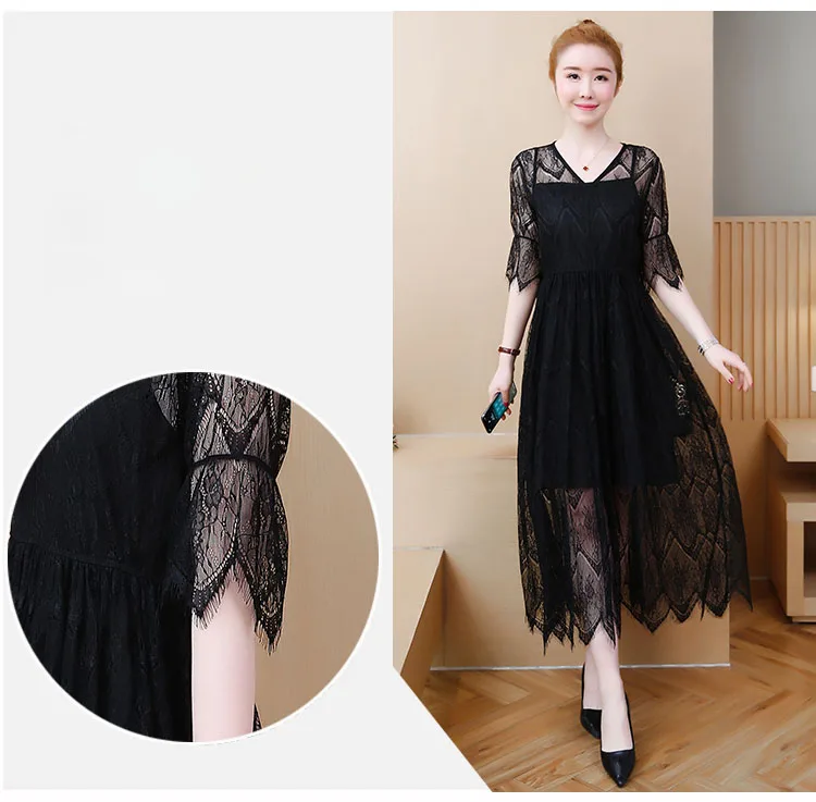 Moda mujer, летние платья размера плюс для женщин, 4xl, 5xl, 6xl, большие размеры, черное кружевное элегантное платье, уникальное женское винтажное платье