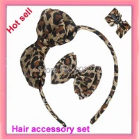 free shippingnew 12sets leopard printed satin hair band hair bow clip hair accessory set