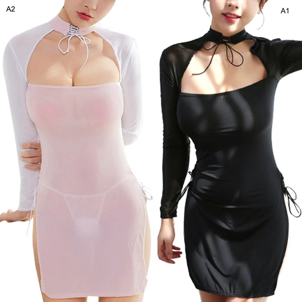 Женское Сетчатое сексуальное платье с длинным рукавом Прозрачный Топ униформа