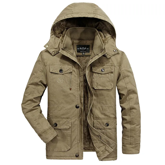 khaki Зимняя мужская куртка размера плюс L-6XL, 7XL, 8XL, утепленная флисом, хлопок, меховая Мужская парка с капюшоном, верхняя одежда, мужские куртки и пальто - Цвет: khaki