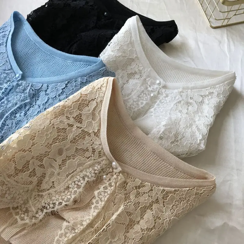 ALPHALMODA Летний Женский вязаный кардиган с кружевным воротником, однобортный кружевной кардиган в стиле пэчворк, милая Повседневная летняя одежда