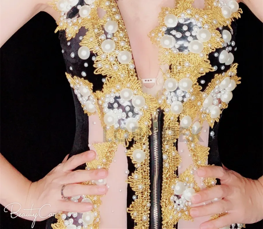 

Sparkly Gold Embroidery Pearls Long Dress Women Sexy Perspective Dresses Prom Party One Piece Club Catwalk Outfit Stage Costume