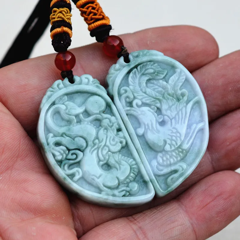 Drop shipping Natural A Jadeite Jades Pendant 3D Carved Chinese Dragon Phoenix Lovers' Pendants Amulet Stone Jewelry+Rope | Украшения и