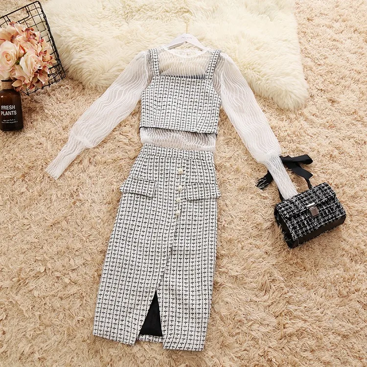 New round neck lantern sleeves knit lace shirt wool vest woolen Fashion Clothes Plaid Ladies bag hip skirt three-piece suit | Женская