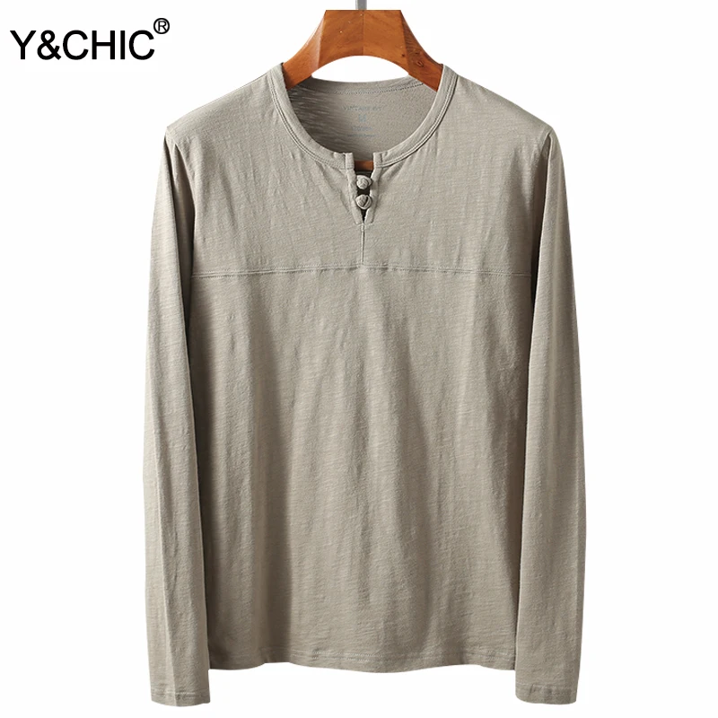 Y &amp CHIC Мужская футболка с длинными рукавами на пуговицах из хлопка узлом в